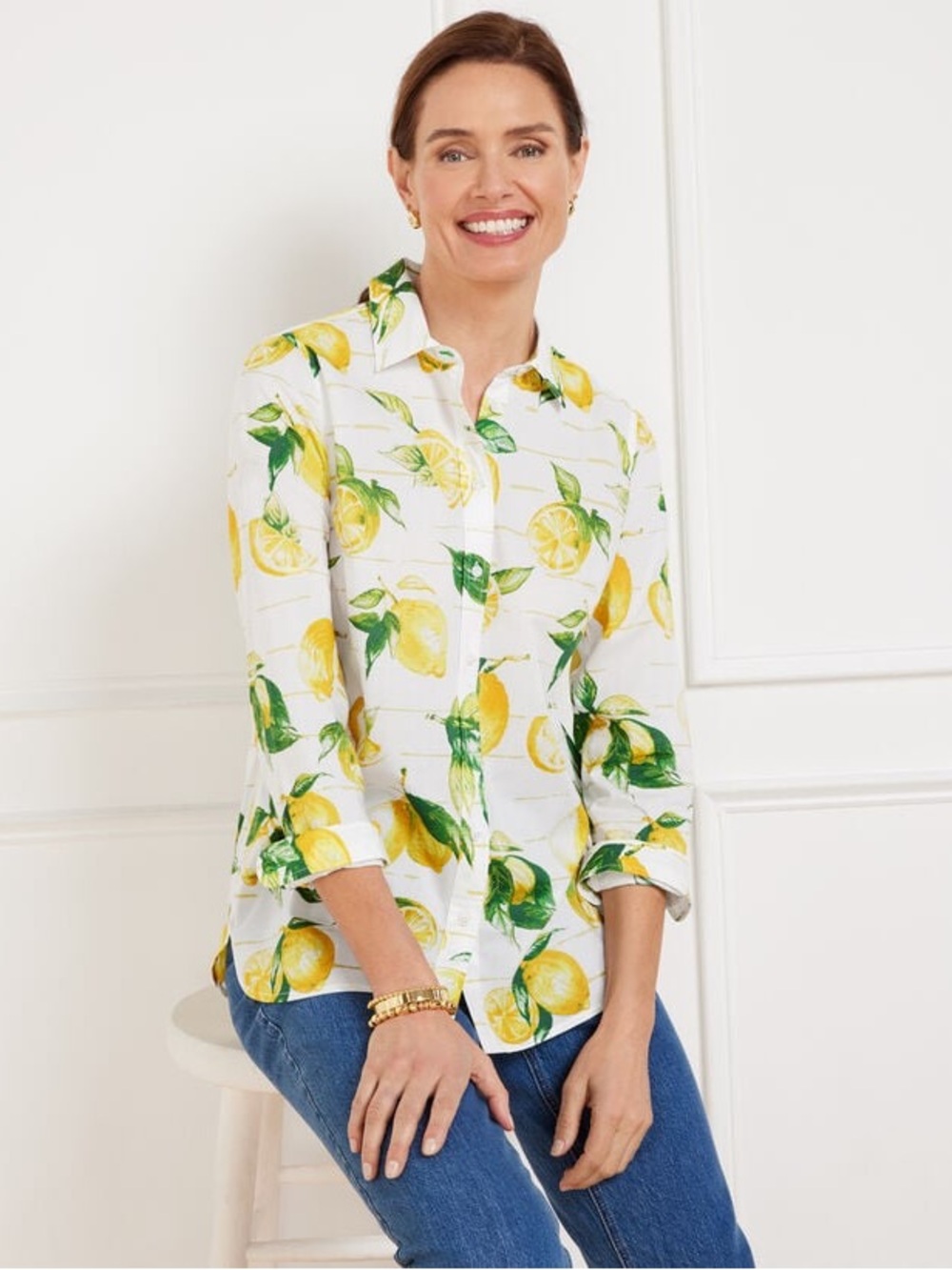 Talbots White Shirt with Yellow Lemon Print and Green Leaves